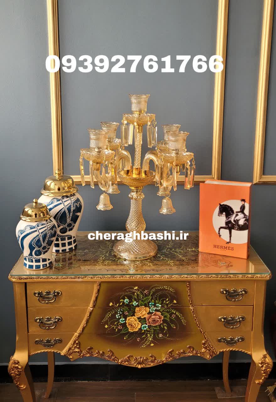 شمعدان پنج شاخه باکارات رنگ عسلی آلمانی